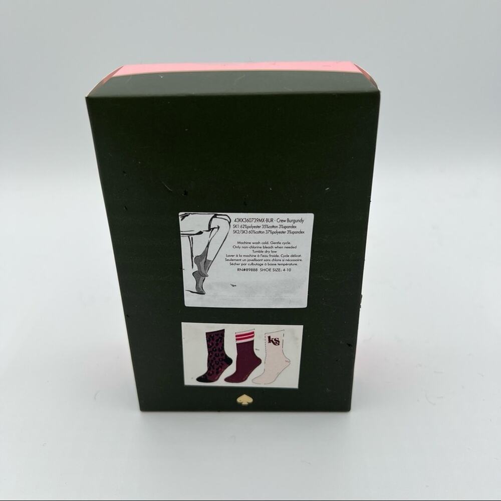 Kate Spade Crew Pink Purple Animal Print Solid 3 Pairs Crew Socks Gift Box - Picture 3 of 4